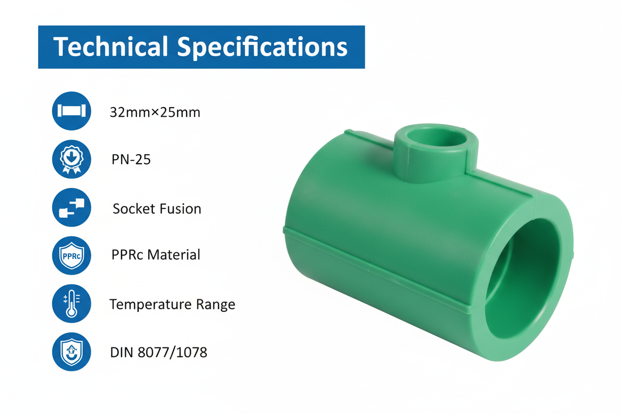 Technical specifications for reducing tee PPRc 32mm×25mm PN-25