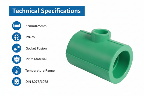 Technical specifications for reducing tee PPRc 32mm×25mm PN-25