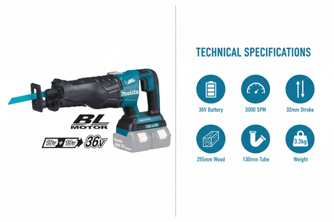 Makita DJR360Z Technical Specifications - 36V Power, 3000 SPM, 32mm Stroke