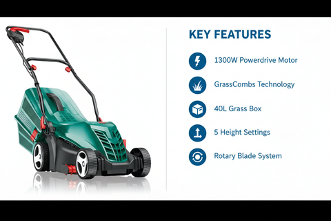 Bosch ROTAK 34 R Features & Benefits - Powerdrive Motor, GrassCombs, 40L Box