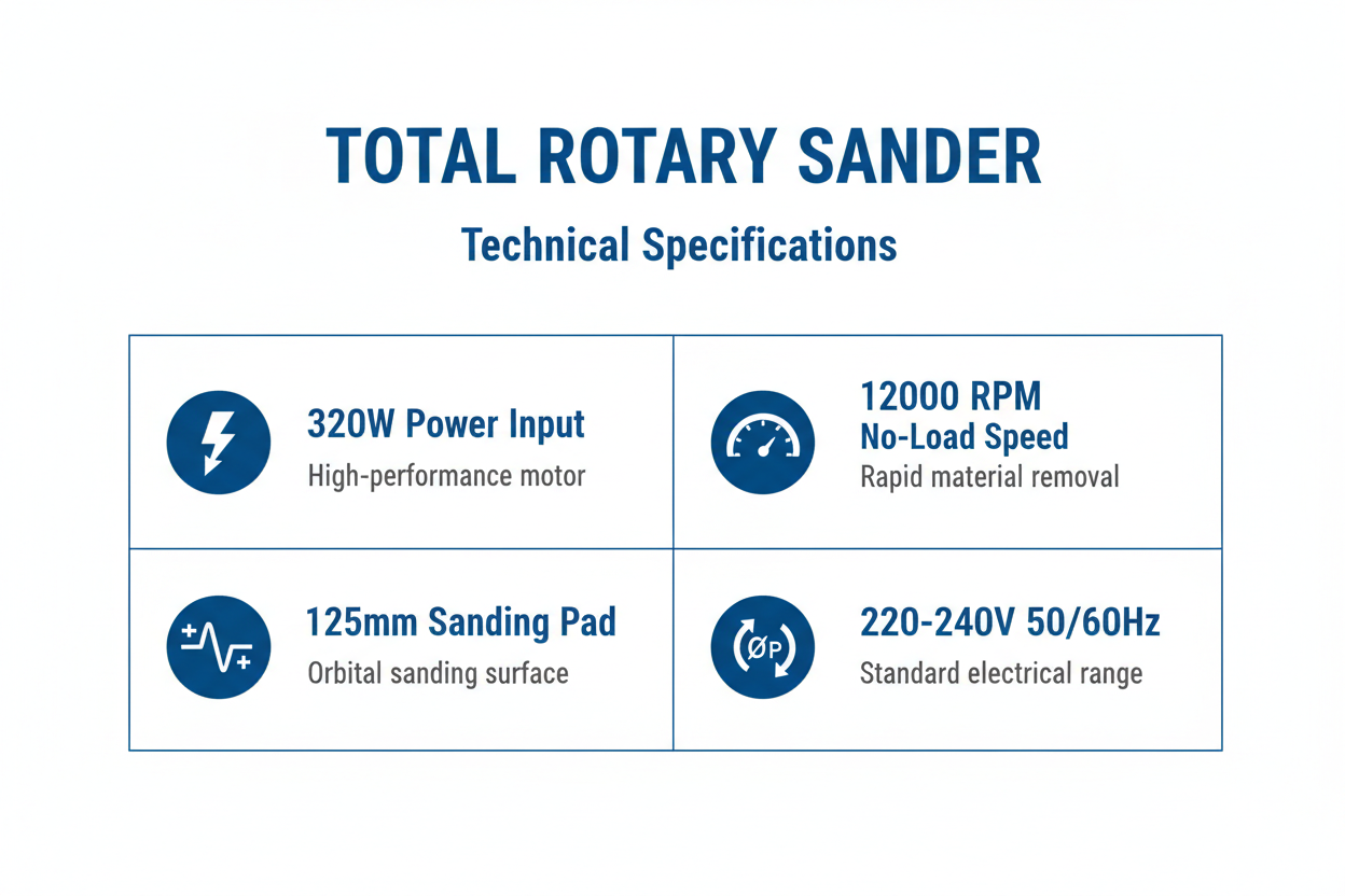 Total Rotary Sander Technical Specifications - 320W Power, 12000 RPM, 125mm Pad