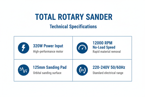 Total Rotary Sander Technical Specifications - 320W Power, 12000 RPM, 125mm Pad