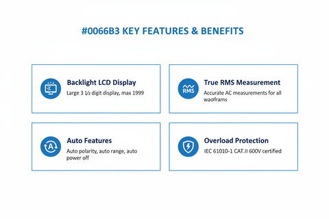 Key features - backlight LCD display, True RMS measurement, auto features, overload protection