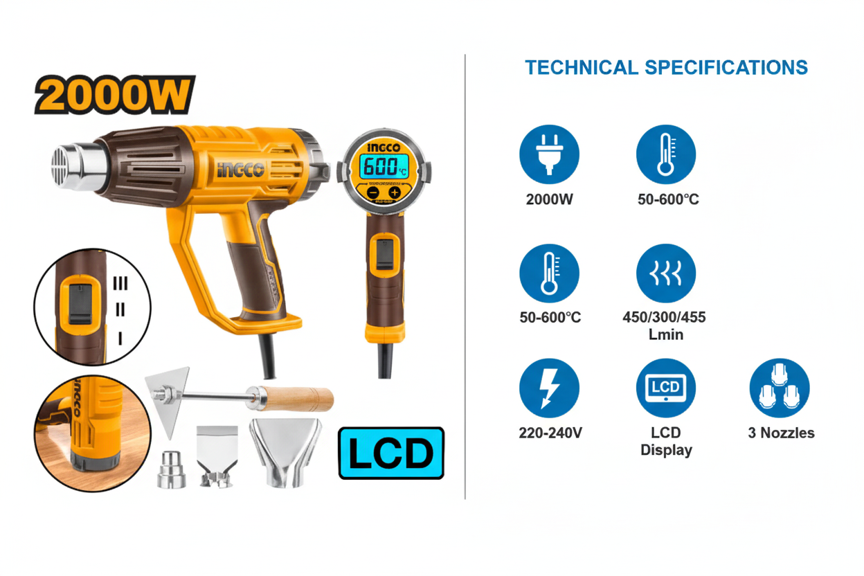 Ingco HG200058 Technical Specifications - 2000W Power, LCD Display, 50-600°C