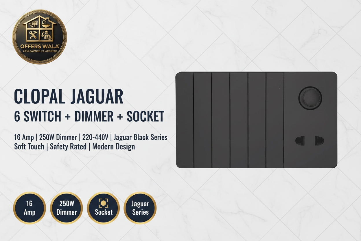 Clopal Jaguar Black 6+1 Dimmer+1 Socket – Hero Banner A+ Image