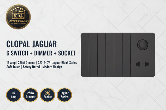 Clopal Jaguar Black 6+1 Dimmer+1 Socket – Hero Banner A+ Image