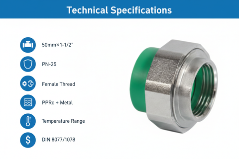 Technical specifications for union female adaptor PPRc 50mm×1-1/2" PN-25