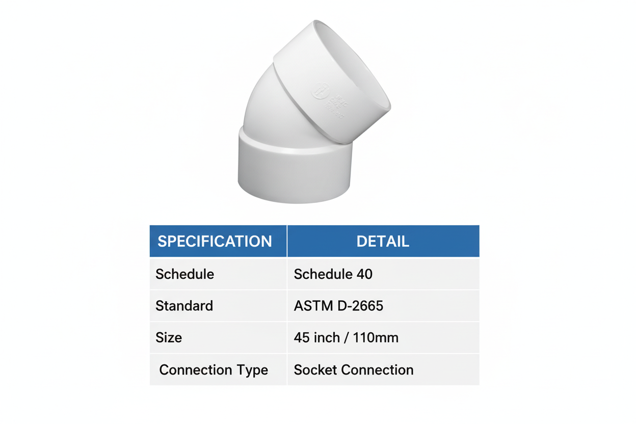 UPVC Elbow 45° Technical Specifications - Schedule 40, ASTM D-2665
