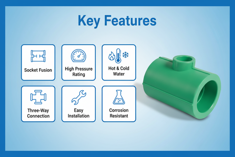 Features and benefits of PN-25 certified reducing tee PPRc fitting