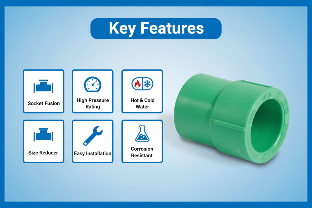 Features and benefits of PN-25 certified reducing socket PPRc fitting