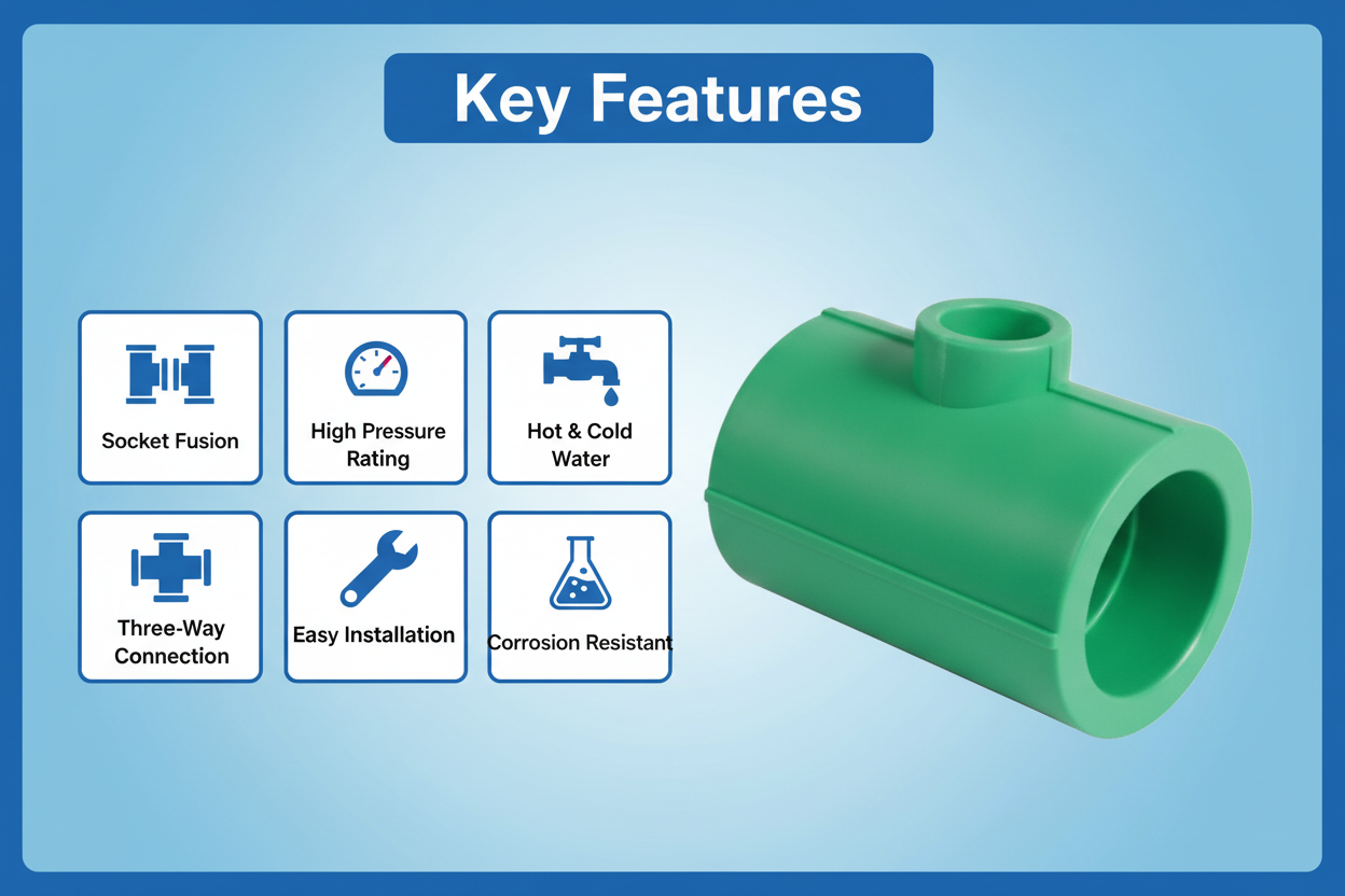 Features and benefits of PN-25 certified reducing tee PPRc fitting