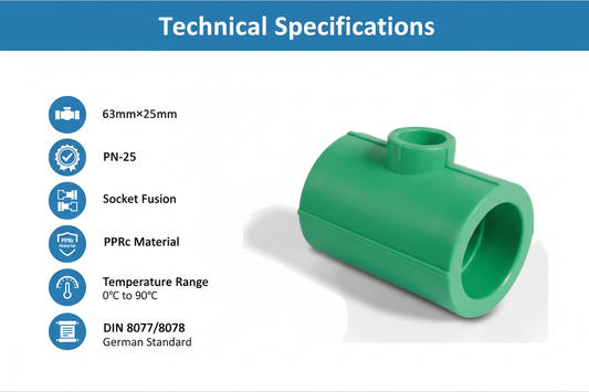 Technical specifications for reducing tee PPRc 63mm×25mm PN-25
