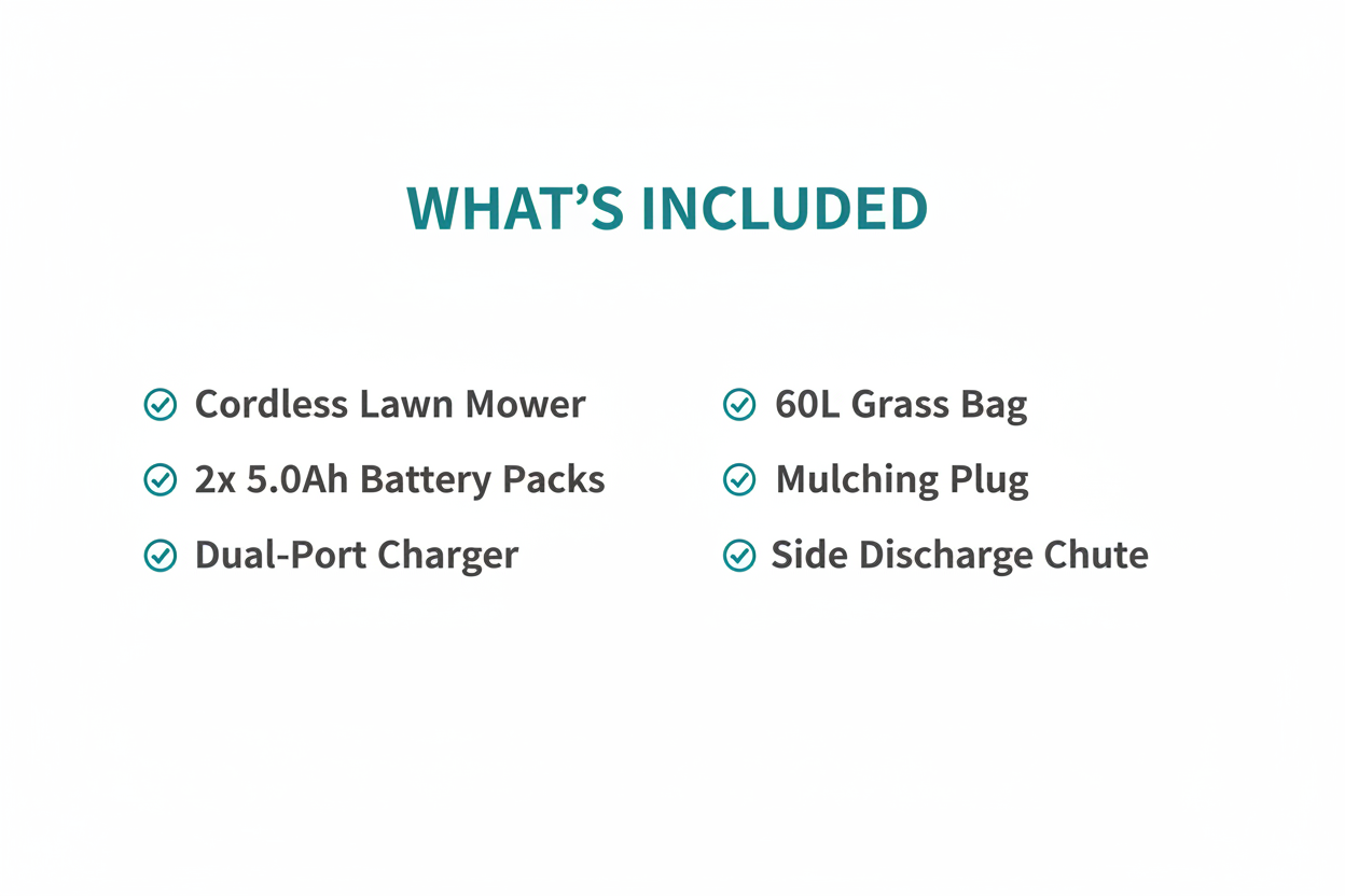 Ingco LMLI20186 Package Contents - Lawn Mower, 2x Batteries, Charger, Accessories