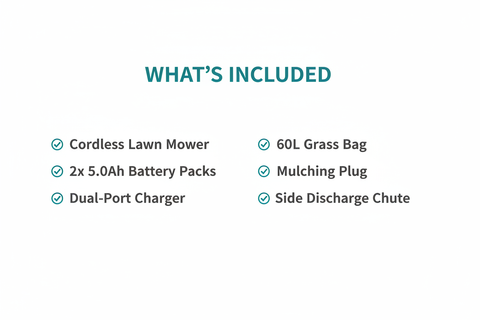 Ingco LMLI20186 Package Contents - Lawn Mower, 2x Batteries, Charger, Accessories