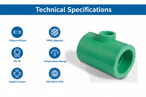Technical specifications for reducing tee PPRc 110mm×63mm PN-25