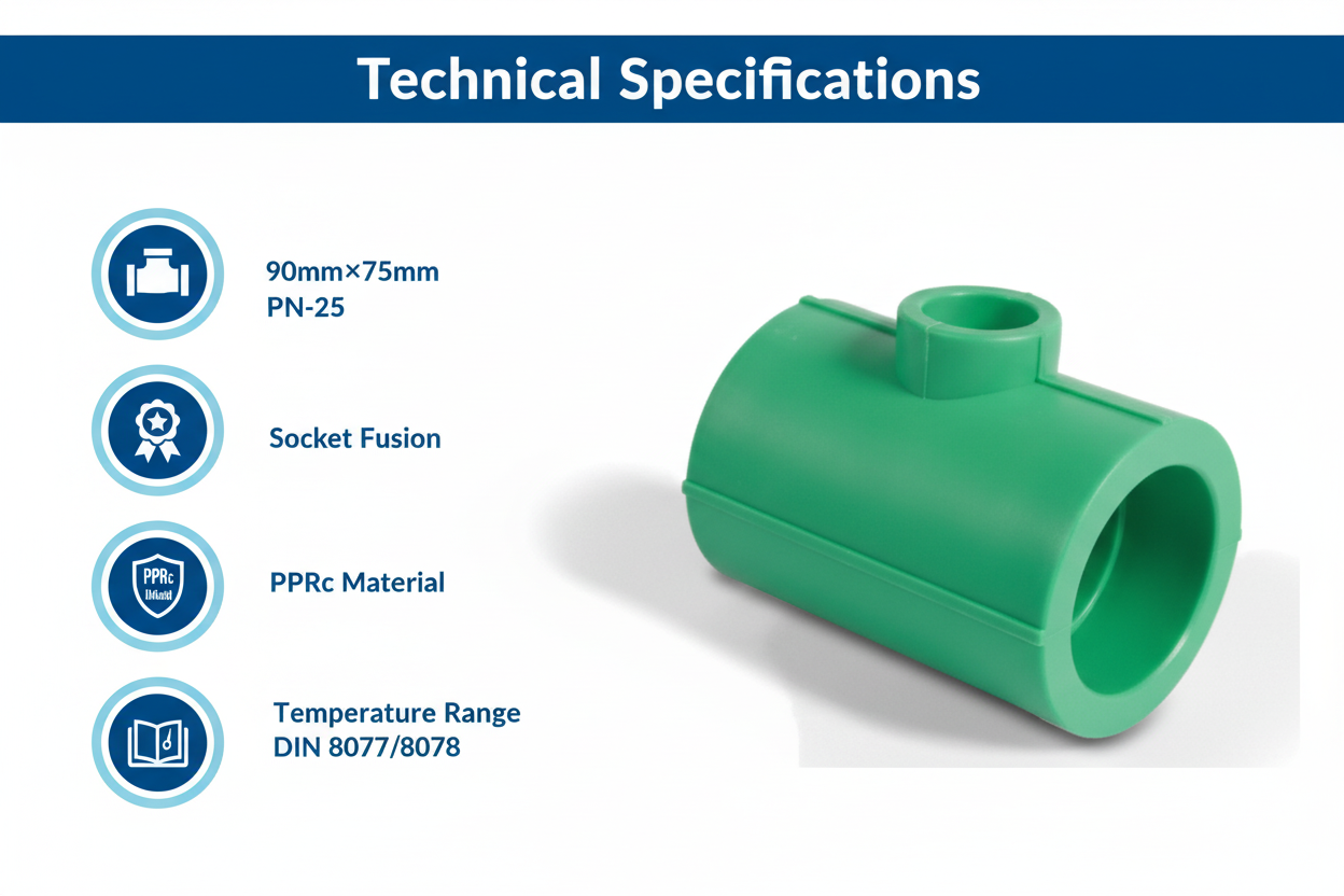 Technical specifications for reducing tee PPRc 90mm×75mm PN-25