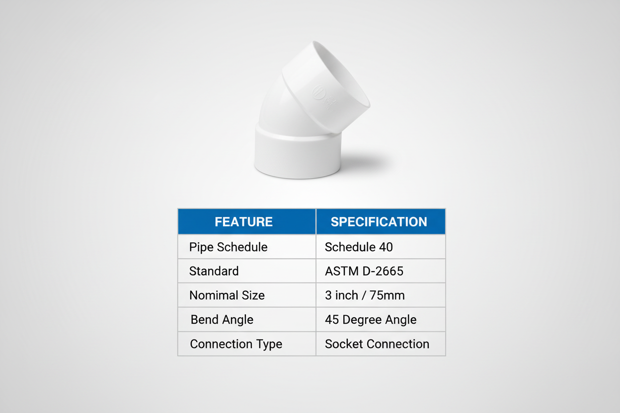 UPVC Elbow 45° Technical Specifications - Schedule 40, ASTM D-2665