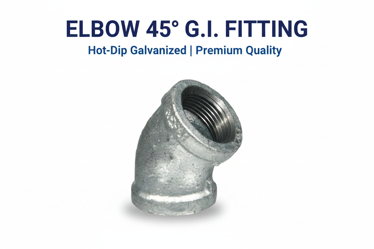 Elbow 45° G.I. Fitting product banner - hot-dip galvanized 45° elbow with BSP threading, available in Karachi Pakistan