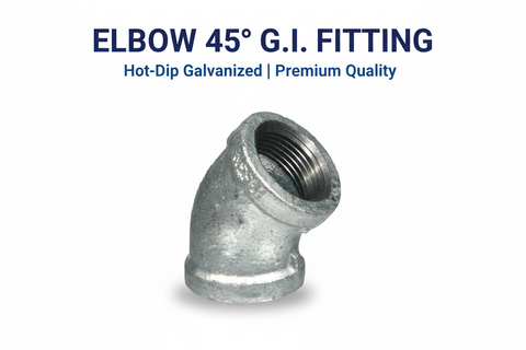 Elbow 45° G.I. Fitting product banner - hot-dip galvanized 45° elbow with BSP threading, available in Karachi Pakistan