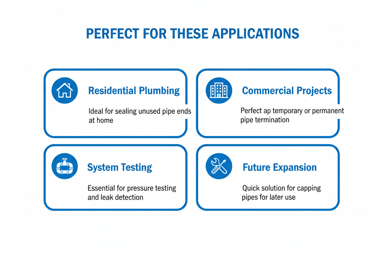 Applications for G.I. Fitting End Cap - residential plumbing, commercial projects, system testing, future expansion planning