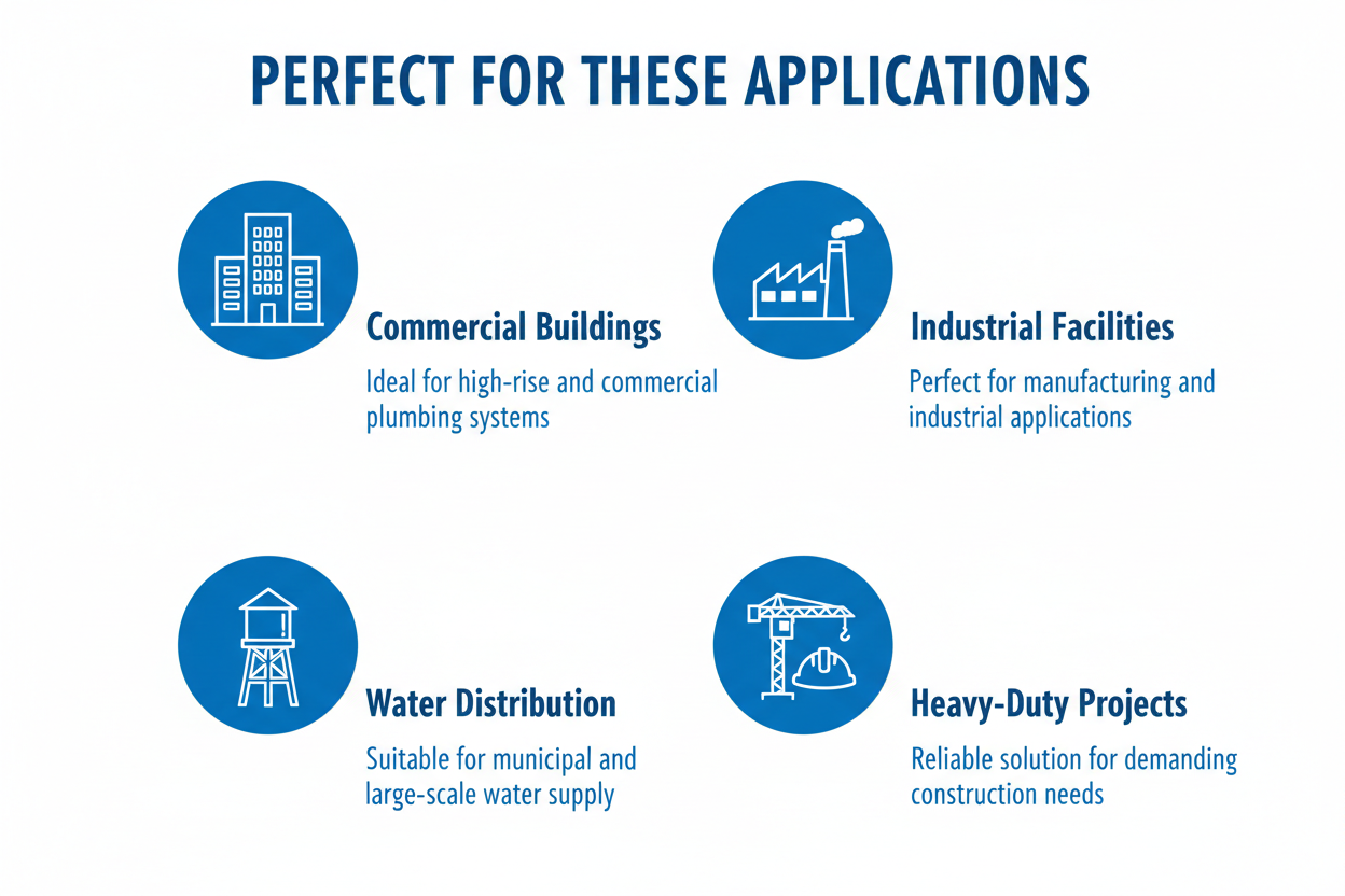 Applications for G.I. Medium Pipe - commercial buildings, industrial facilities, water distribution systems, heavy-duty construction projects