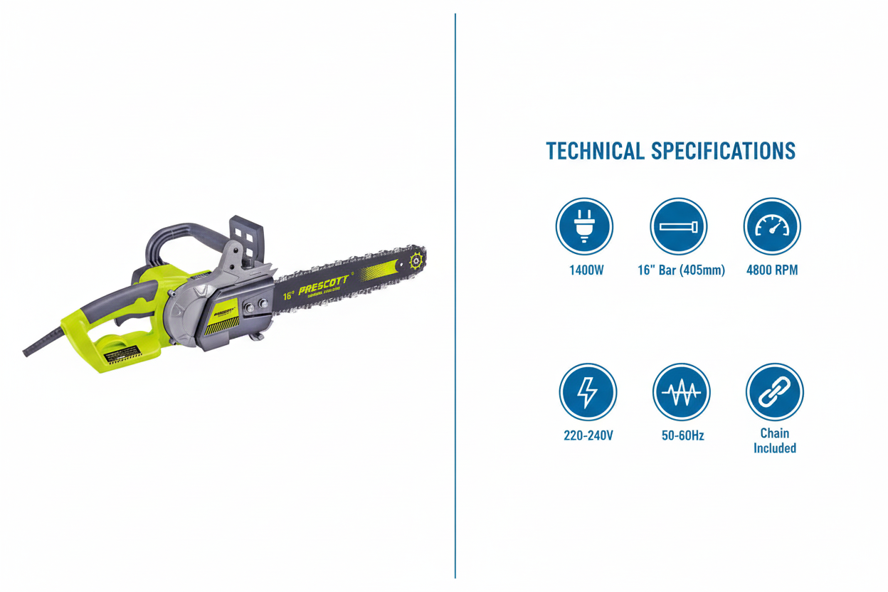 Prescott PT1140502 Technical Specifications - 1400W Power, 16" Bar, 4800 RPM