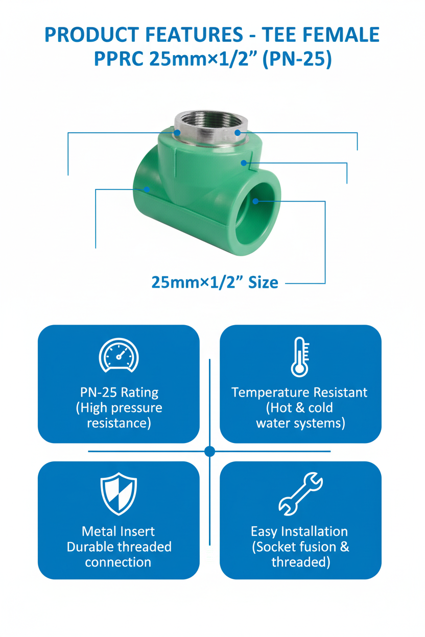 Tee Female PPRC PN-25 25mm×1/2 inch Product Features