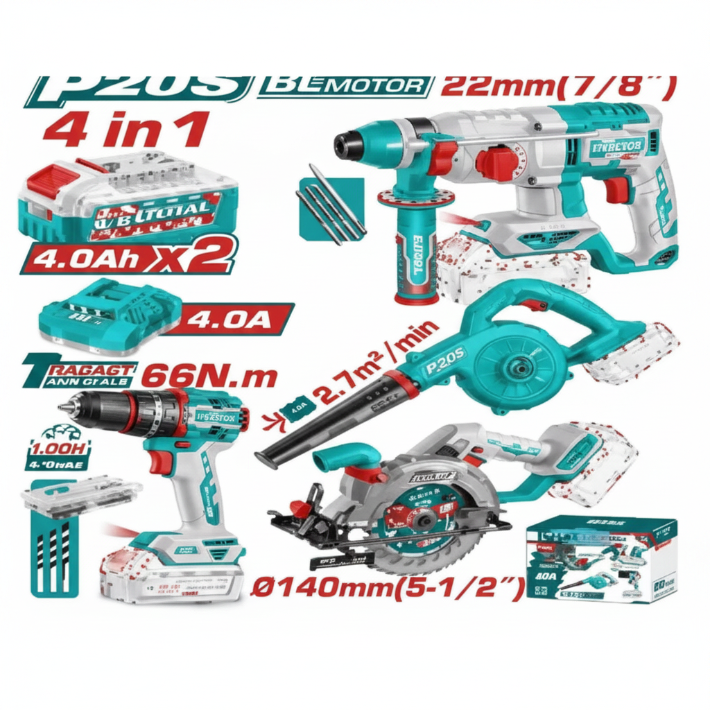 20V Brushless Motor 4-in-1 Cordless Power Tools Combo Kit – Drill, Rotary Hammer, Circular Saw & Blower | Buy in Karachi