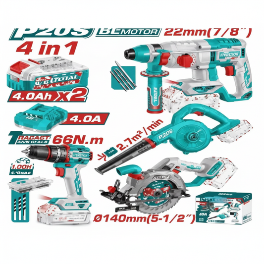 20V Brushless Motor 4-in-1 Cordless Power Tools Combo Kit – Drill, Rotary Hammer, Circular Saw & Blower | Buy in Karachi