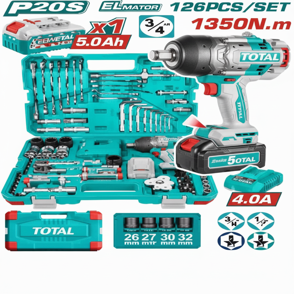 126 Pcs Cordless Impact Wrench Tool Set THKTHP31262 – 20V 1350Nm, Buy in Karachi
