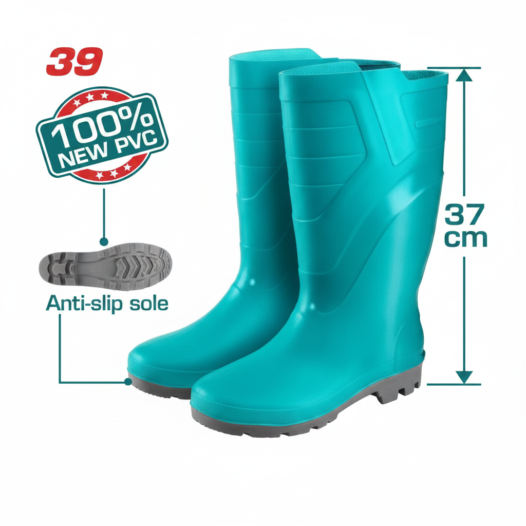 Rain Boots TSP302L Size 39 – 100% New PVC waterproof safety boots with anti-slip sole, 37cm shaft height, available in Karachi