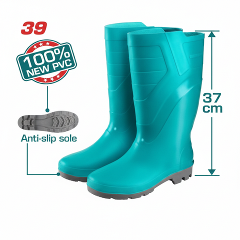 Rain Boots TSP302L Size 39 – 100% New PVC waterproof safety boots with anti-slip sole, 37cm shaft height, available in Karachi