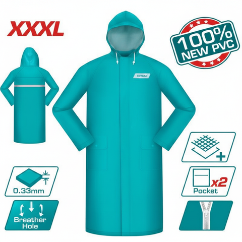 TOTAL THTRC031 XXXL Waterproof PVC Rain Coat teal – 0.33mm thick, hooded, reflective strip, 2 pockets, breather holes – available in Karachi