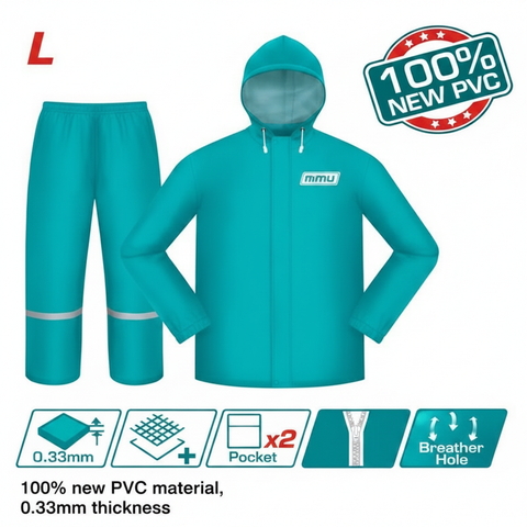 Rain Suit THTRS031 Size L – Teal PVC Waterproof Raincoat with Pants, 0.33mm Thick, 2 Pockets & Breather Holes | Buy in Karachi