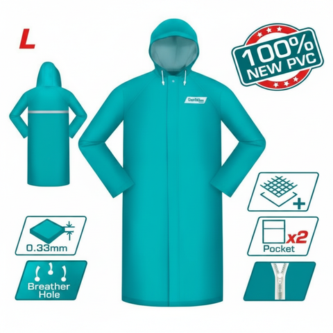 Waterproof PVC Rain Coat Size L THTRC031 – Teal, Hooded, 0.33mm, 2 Pockets, Reflective Strip – Buy Online Karachi