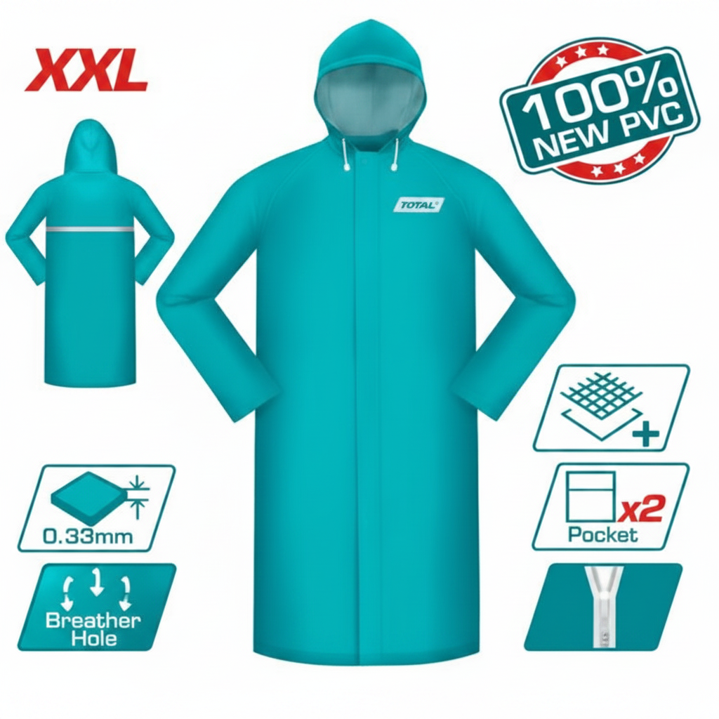Total THTRC031 XXL Waterproof PVC Raincoat teal with hood, reflective strip, 2 pockets and breather holes – buy in Karachi
