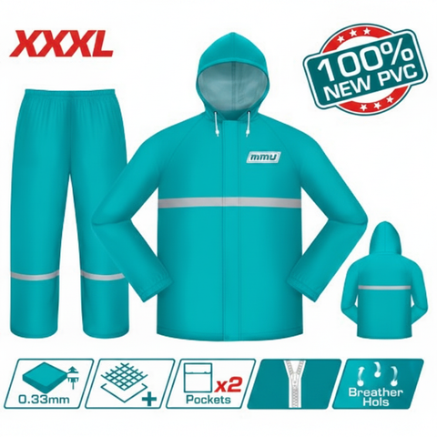 Rain Suit THTRS031 XXXL teal PVC waterproof raincoat with reflective strip, hood, 2 pockets and breather holes – heavy-duty monsoon rain suit for men in Karachi