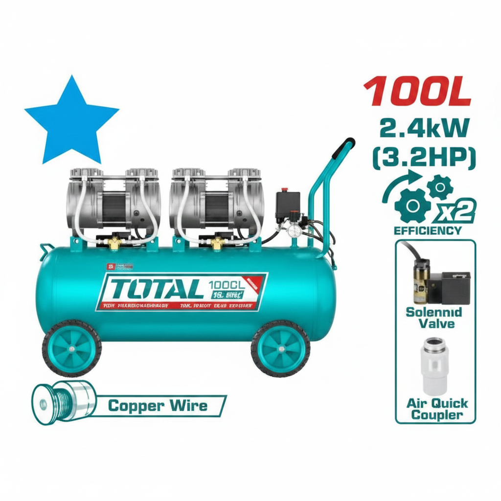 TOTAL 100L Oil-Free Twin Cylinder Air Compressor TCS2241008 – Buy in Karachi