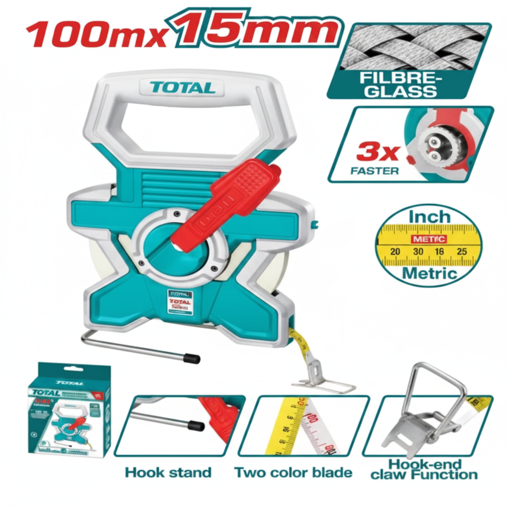 Total Fibreglass Measuring Tape 100m x 15mm with 3x Fast Rewind, Dual Metric & Inch Blade, Hook Stand – Buy in Karachi | Offers Wala