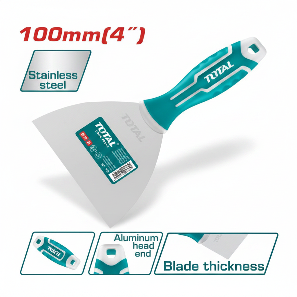 TOTAL 100mm 4 Inch Stainless Steel Putty Knife with Bi-Material Handle - Buy in Karachi