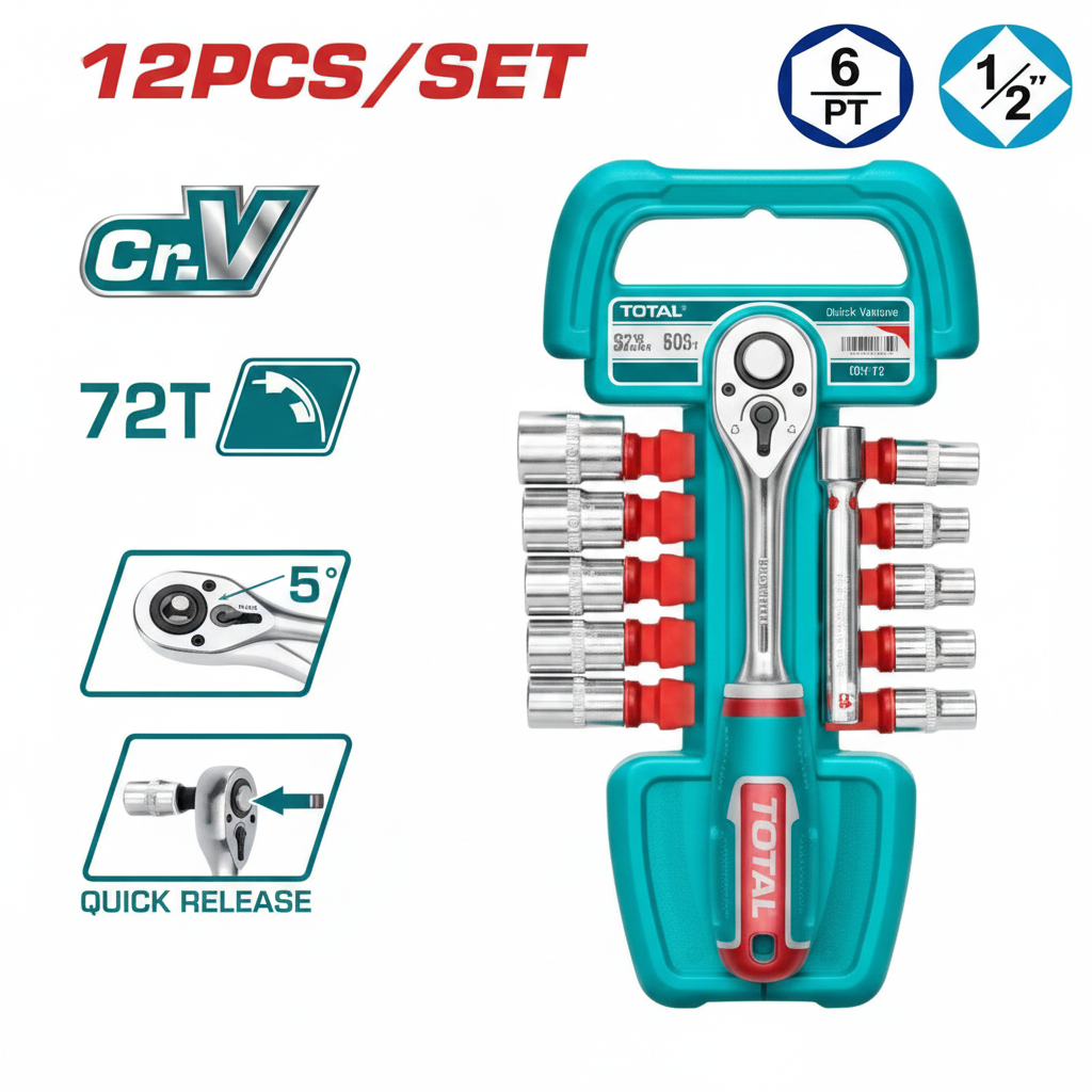 12Pcs 1/2" Socket Set THT141121 – CrV Chrome Vanadium Ratchet Set with Extension Bar | Offers Wala Karachi