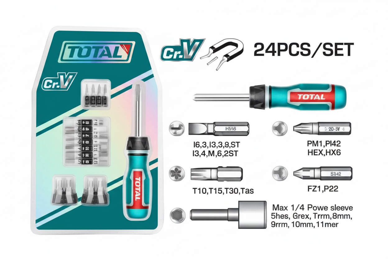 24 Pcs Ratchet Screwdriver Set TACSD30246 with Ratchet Handle, Bits & Power Sleeves – Buy in Karachi | Offers Wala