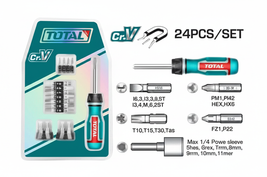 24 Pcs Ratchet Screwdriver Set TACSD30246 with Ratchet Handle, Bits & Power Sleeves – Buy in Karachi | Offers Wala