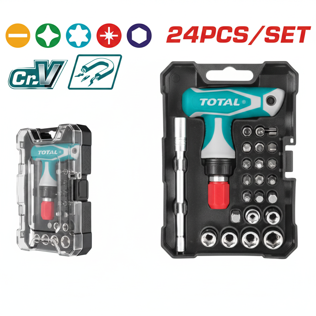 24 Pcs T-Handle Wrench Screwdriver Set TACSD30186 – CR-V Bits, Ratchet Wrench & Socket Kit | Buy in Karachi