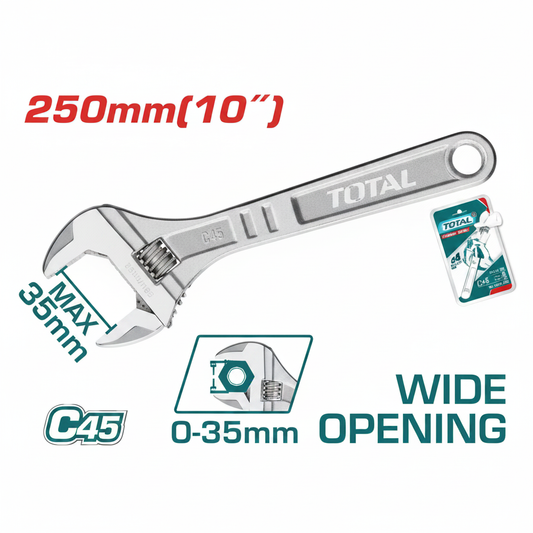 TOTAL 250mm Adjustable Wrench - Buy in Karachi | Chrome Vanadium Steel Spanner for Plumbing & Hardware Tools Pakistan