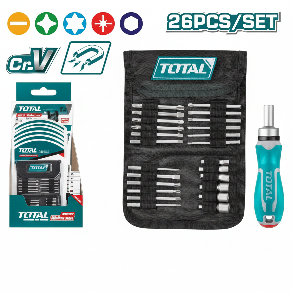 26 Pcs Ratchet Screwdriver Bit Set TACSD30266 CR-V Steel – Phillips Torx Slotted Pozidrive Bits + Hex Sockets | Karachi