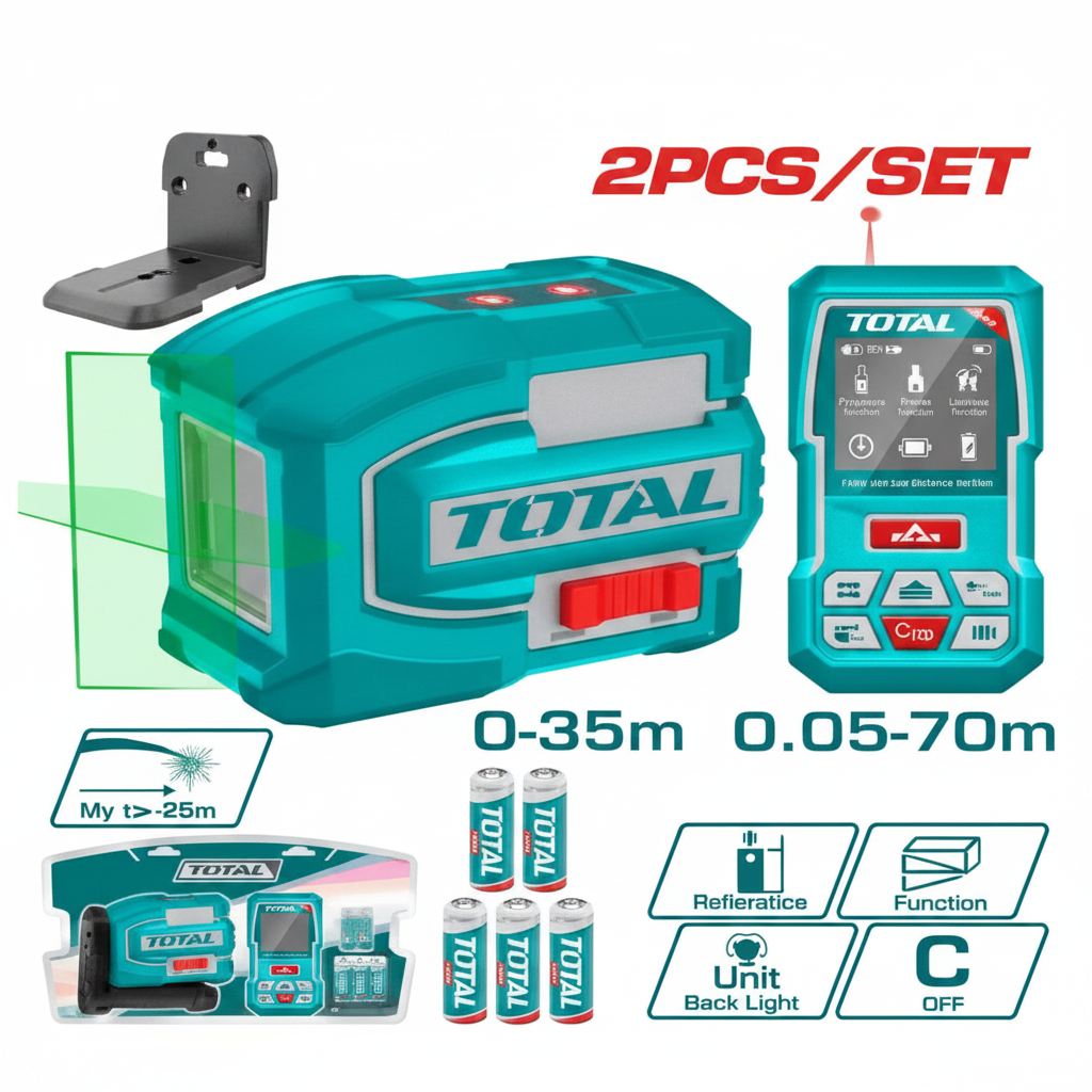 TOTAL TOSLL0401 2-Piece Laser Level & Digital Distance Meter Kit – Green Self-Leveling Laser (0–35m) with Laser Detector (0.05–70m), Wall Mount Bracket & Batteries – Buy in Karachi | Offers Wala