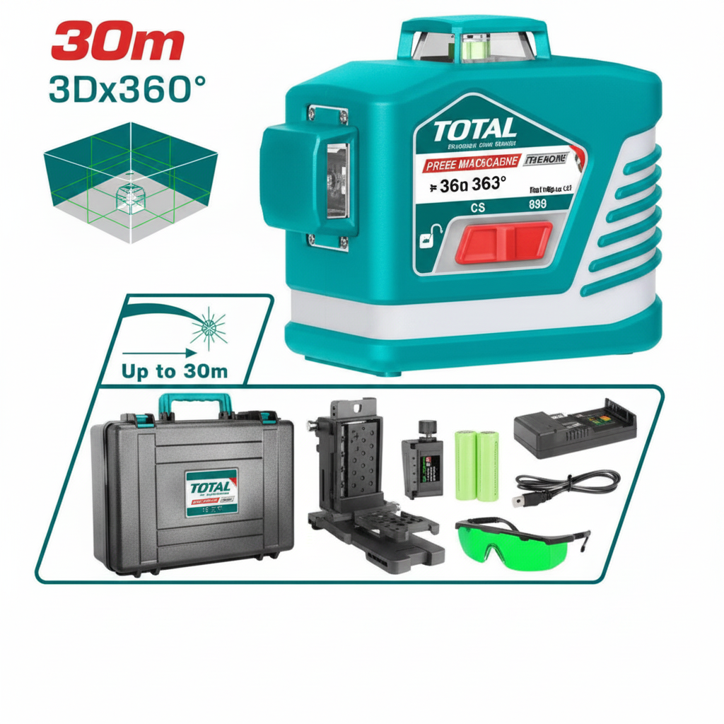 Total 3D 360° Green Beam Self-Leveling Laser Level TLL255245 with carry case, mount, batteries, charger and laser glasses – Buy in Karachi