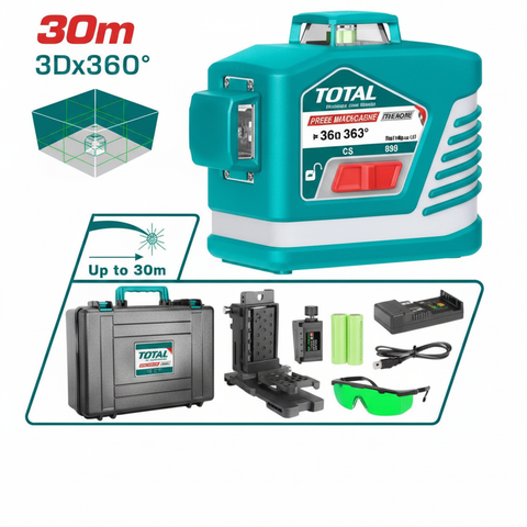 Total 3D 360° Green Beam Self-Leveling Laser Level TLL255245 with carry case, mount, batteries, charger and laser glasses – Buy in Karachi