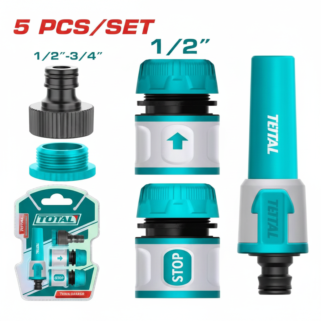 TOTAL 5 Piece Garden Hose Connector Set THHCS05122 – Twist Nozzle, Quick Coupler & Stop Valve Kit 1/2 inch in Karachi